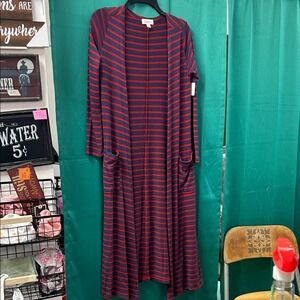 Cotton blend long cardigan,
LuLaRoe Sarah XS, red and navy blue stripes